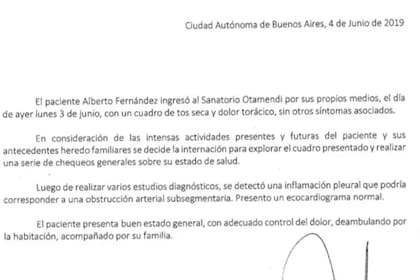 Alberto Fernández está internado desde el lunes en el Sanatorio Otamendi por una inflamación pleural