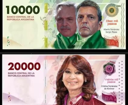 Alberto y Massa en el billete de 10.000 y Cristina Kirchner en el de 20.000