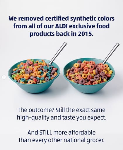 Aldi ha conseguido una clientela fiel gracias a sus precios y políticas, como la eliminación de colorantes artificiales en los alimentos de su marca (Instagram/@aldiusa)