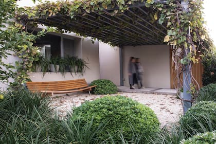 La pérgola se montó en este patio seco para protegerlo del sol del oeste. Por ella trepa una parra híbrida de hoja grande que aporta una sombra densa. Paisajismo: Alejandra de Dominicis.