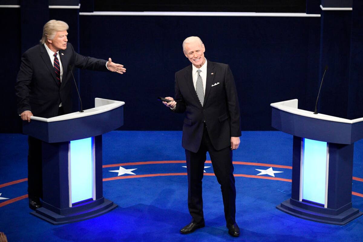 Alec Baldwin as Donald Trump, left, and Jim Carrey as Joe Biden during the "First Debate" Cold Open on "Saturday Night Live