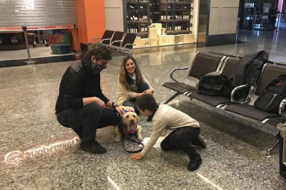 Alejandro tomó su primer contacto con Ainda, su perra de asistencia ayer en el aeropuerto mendocino de El Plumerillo