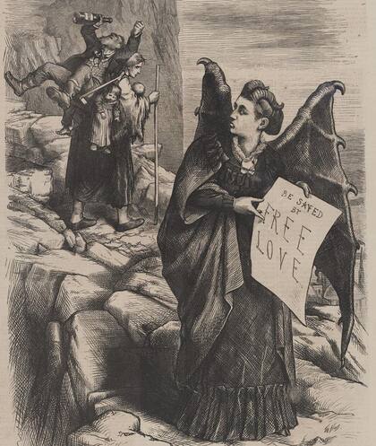 "¡Aléjate, (señora) Satanás! Prefiero seguir por el camino más difícil del matrimonio que seguir tus pasos", decía esta caricatura de Thomas Nast de 1872, en la que Woodhull le muestra un cartel que dice: "Sálvate con el amor libre" a una mujer que carga a sus hijos y a su marido borracho.