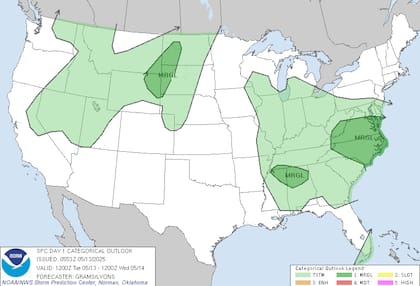 Alerta por tormentas severas. Tres regiones en riesgo: Carolinas, sur centro y Dakotas con posibilidad de granizo y vientos dañinos