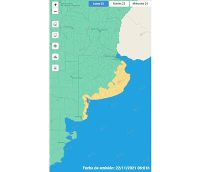 Alerta por vientos para el sector este de la provincia de Buenos Aires
