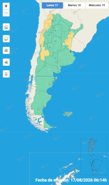 Alerta temprana por vientos, nevadas y tormentas para el 17 de agosto de 2026