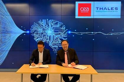 Alexandre Bounouh, Director of the CEA-List Institute, specialising in smart digital systems, and Bertrand Tavernier, CTO for Thales’s Secure Communications and Information Systems business, at the signing of the partnership agreement on 30 April 2024 in Palaiseau, France. (Photo: Thales)