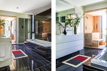 Alfombra ‘Dúo’ (Elementos Argentinos), obra de arte 3D (Delfina Velar de Irigoyen), floreros en bioplástico (Studio Devél) y en vidrio verde facetado (Salazar Casa).