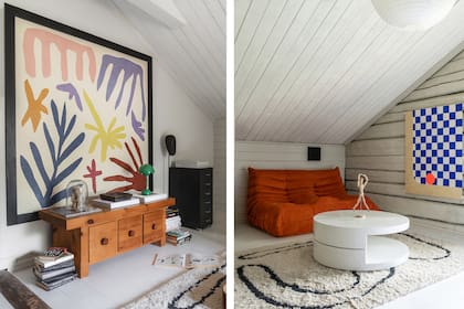 Alfombra (Nordic Knots). La mesa ratona es de segunda mano. Obra a cuadros azul y blanca (Farina Lichtenstein, artista alemana). Cuadro colorido con motivos vegetales (Photowall Sweeden). Sofá ‘Togo’ diseñado por Michel Ducaroy (Ligne Roset).