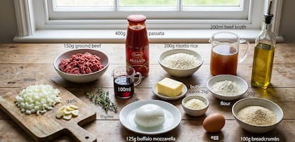 Algo así debería lucir la mesada con los ingredientes para el supplì