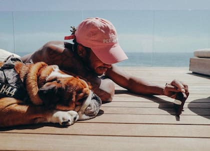 Algo de paz: Lewis Hamilton disfruta de un breve descanso con su mascota Roscoe
