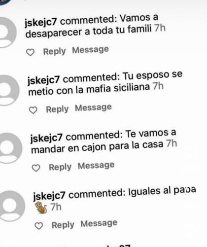 Algunas de las amenazas recibidas por Nicolás Jarry en el Masters 1000 de Roma 2024 y que mostró su esposa, María Laura Urruticoechea