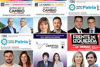 Algunas de las boletas para la categoría Presidente que los votantes van a encontrar en el cuarto oscuro en las PASO