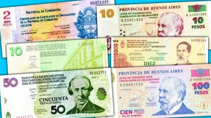 Algunas de las cuasimonedas que emitieron las provincias durante 2001 y 2002