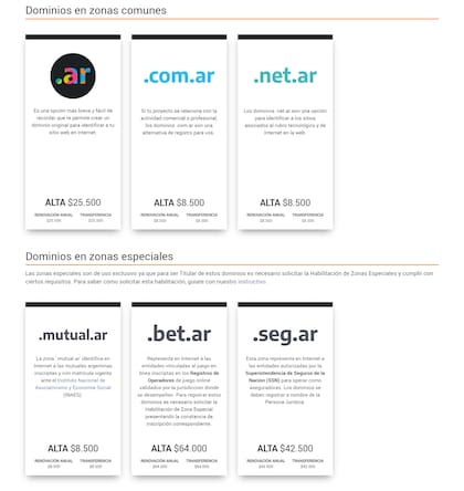 Algunas de las nuevas tarifas para registrar un dominio en la Argentina que muestra la página del NIC.ar
