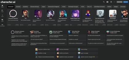 Algunas de las opciones de chat con Character.ai