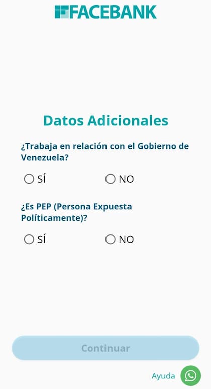 Algunas de las preguntas que se solicitan para abrir una cuenta bancaria en Estados Unidos, a través de Facebank