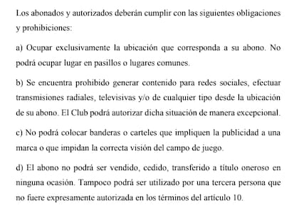 Algunas de las prohibiciones reglamentadas por el club respecto a sus abonados