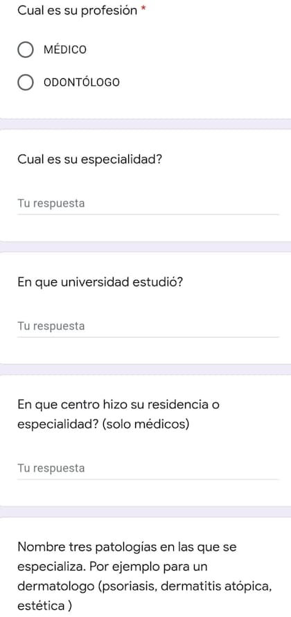 Algunas de las respuestas que deben responder los profesionales interesados en unirse a la plataforma