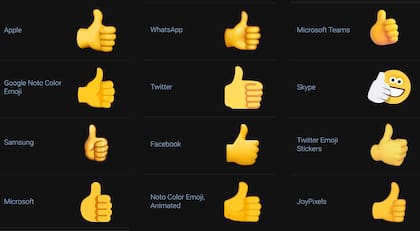 Algunas de las versiones que tiene el emoji del pulgar hacia arriba en las diferentes plataformas digitales