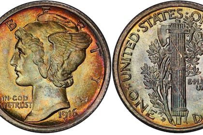 Algunas versiones especiales de la moneda de diez centavos de 1919-D tienen "bandas completas", muy extrañas de encontrar (PCGS)