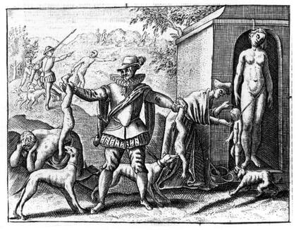 Algunos artistas ilustraron escenas narradas por fray Bartolomé de las Casas, incluido esta del uso de perros como medio de castigo a indígenas.