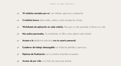 Algunos de los beneficios que ofrece la mediática en el curso (Foto: Captura Página Web)