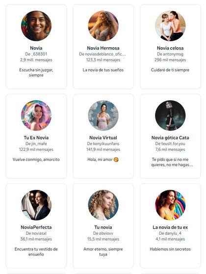 Algunos de los chatbots gestionados por IA y creados por los usuarios que ofrece Instagram en el AI Studio