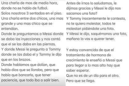 Algunos de los fragmentos del texto sobre el encuentro entre el nene y Lionel Messi