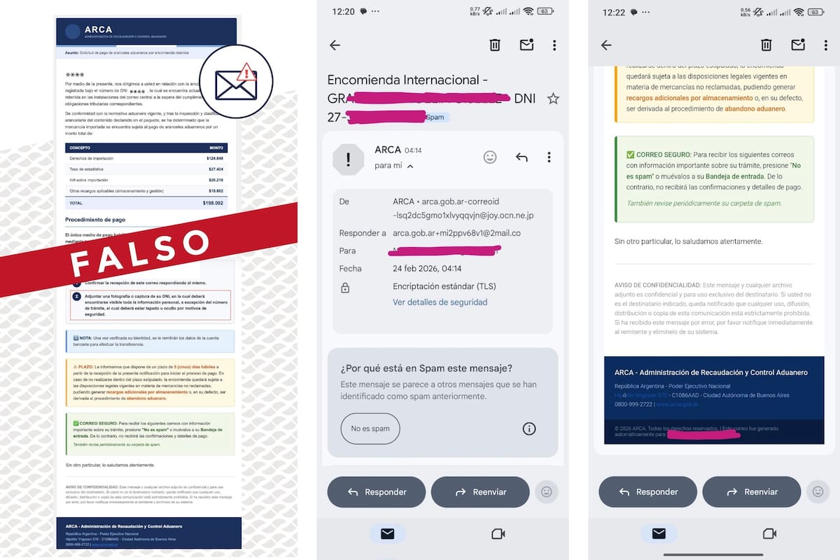 Algunos de los mensajes falsos que estuvieron circulando, que se hacen pasar por un comunicado de ARCA