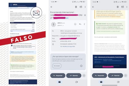 Algunos de los mensajes falsos que estuvieron circulando, que se hacen pasar por un comunicado de ARCA