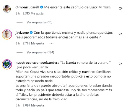 Algunos de los mensajes que recibió Sánchez en su publicación