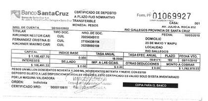 Algunos de los plazos fijos omitidos por Cristina en la sucesión