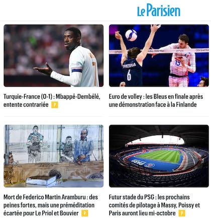 Algunos de los títulos deportivos principales de Le Parisien, entre ellos, el del fallo del tribunal por la muerte violenta de Martín Aramburú.