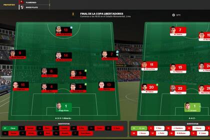 Alineaciones de River y Flamengo en la simulación de la final de la Libertadores en el videojuego Fútbol Manager 2020.
