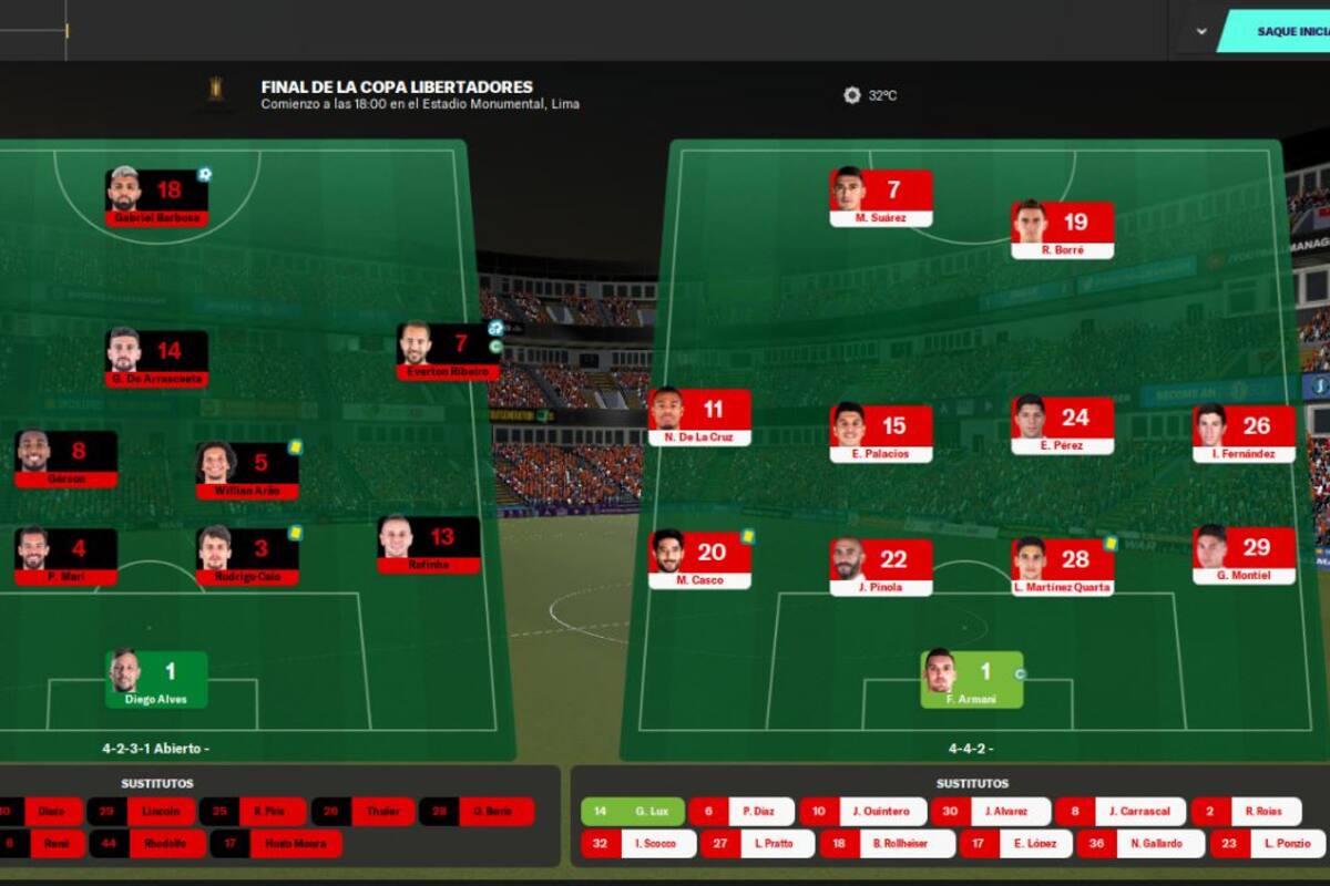 Alineaciones de River y Flamengo en la simulación de la final de la Libertadores en el videojuego Fútbol Manager 2020.