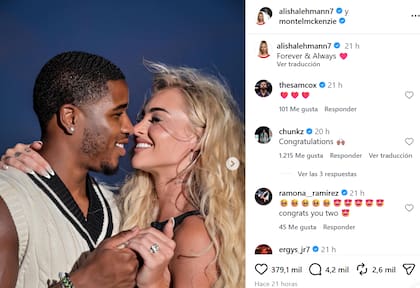 Alisha Lehmann anunció su compromiso a través de una publicación en redes sociales (Captura: Instagram @montelmckenzie/ @alishalehmann7)