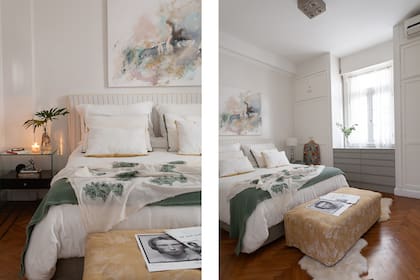 Almohadones con vivos verde, manta verde y funda de banqueta (Estudio Ce).