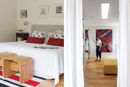 Almohadones rayados (Polina Deco) y estampados (Salazar Casa). Cubo 'Lock' encastrable (Habitat, Francia) y alfombra (Elementos Argentinos). Fotos de Lala Bocci y de Lola García Berro. En el vestidor, una obra de gran formato, de Elisa Bunge.
