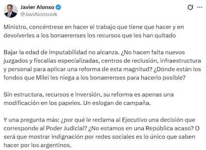 Alonso le respondió a Santilli: "Bajar la edad de imputabilidad no alcanza"