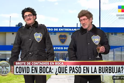 Álvaro Navia y Pachu Peña personificaron a dos guardias de seguridad de la burbuja sanitaria de Boca