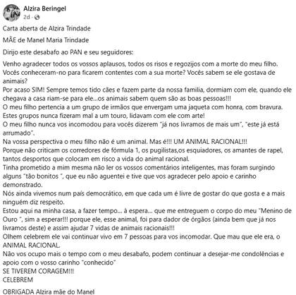 Alzira Beringel, madre de Manuel Maria Trindade, utilizó sus redes sociales para defender la memoria de su hijo y responder a las críticas tras su trágica muerte (Fuente: Facebook)