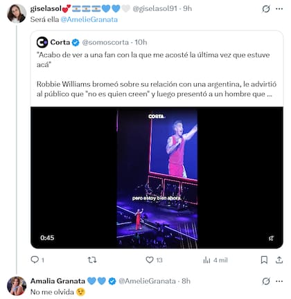 Amalia Granata se hizo eco de las declaraciones de Robbie Williams (Captura: X)