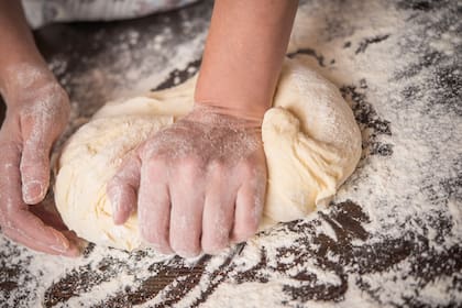 Amasando el bollo para que se forme la red de gluten