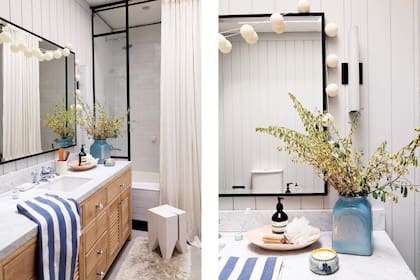 Amoblamiento de madera (Estudio Chiappori) con tiradores vintage (Anthropologie). Mesada de mármol de Carrara (Mármoles Naturales para Estudio Chiappori), bacha y grifería Robinet (todo de Barugel Azulay). Taco de álamo (Net).