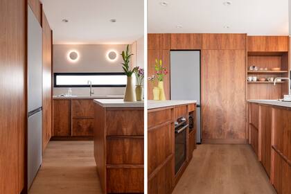 Amoblamiento enchapado en incienso con interiores de melamina (Egger Latinoamérica) y piso vinílico de la línea 'Fusion Composite' con terminación mate (Patagonia flooring).