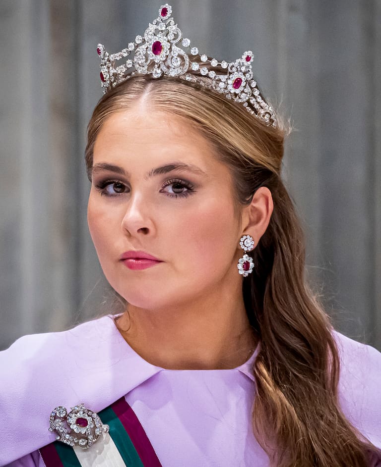 AMSTERDAM, NETHERLANDS - APRIL 15: Princess Amalia of The Netherlands attends the state banquet offered to Sultan Haitham bin Tarik at the Royal Palace at the start of the state visit from Oman on April 15, 2025 in Amsterdam, Netherlands. (Photo by Patrick van Katwijk/Getty Images)