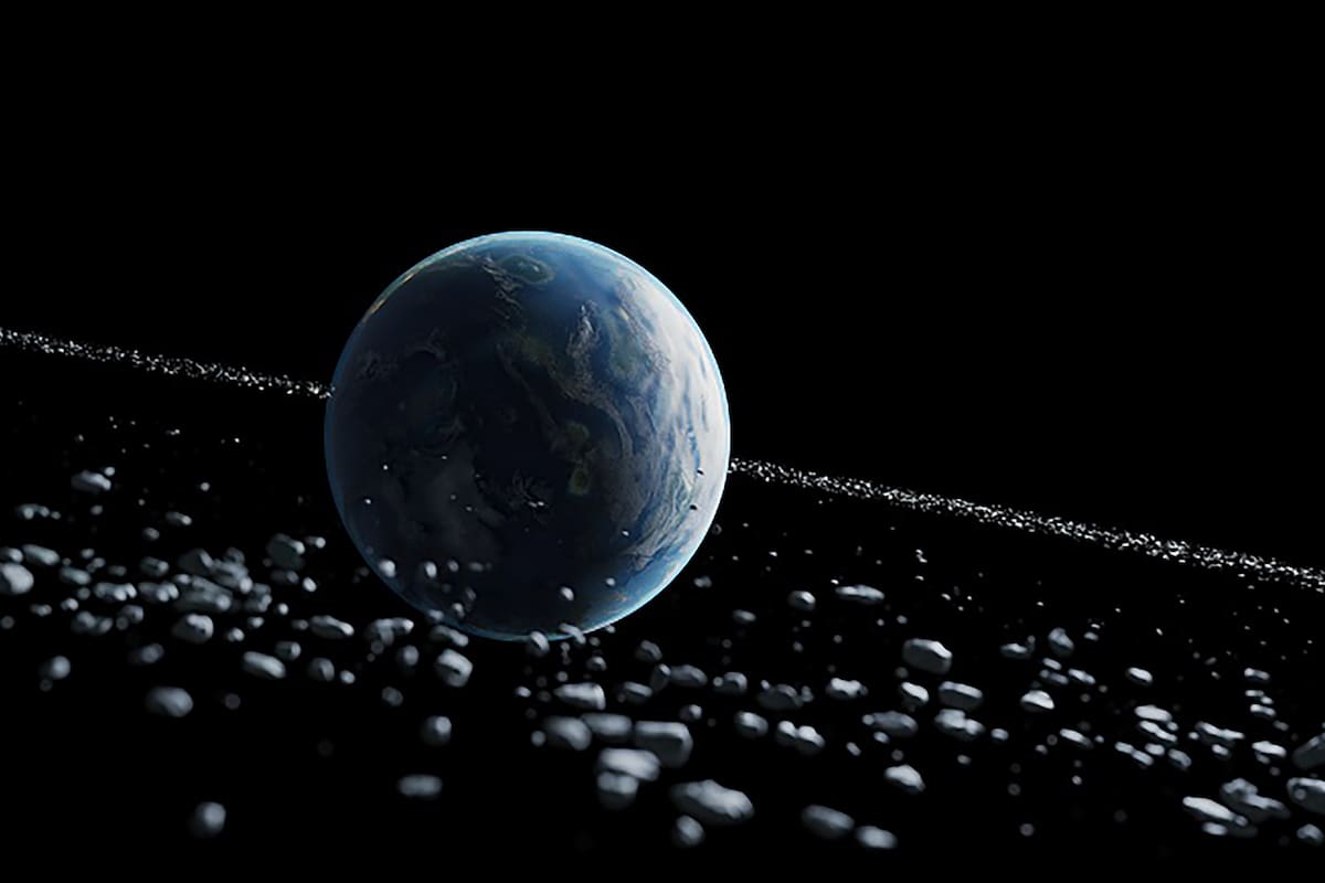 An artistÕs rendering provided by Oliver Hull depicts the Earth surrounded by a temporary ring of debris 466 million years ago. Impact craters found around the Earth that were made around the same time could be linked to debris falling from a disintegrating asteroid, a new study suggests. (Oliver Hull via The New York Times) -- NO SALES; FOR EDITORIAL USE ONLY WITH NYT STORY EARTH RING BY BECKY FERREIRA FOR SEPT. 20, 2024. ALL OTHER USE PROHIBITED. --