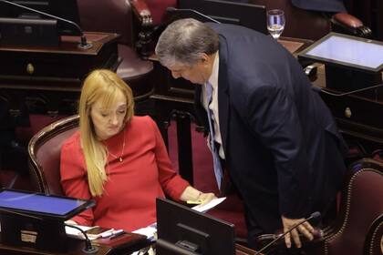 Anabel Fernández Sagasti y José Mayans dialogan durante la sesión que trata la ampliación de miembros de la Corte Suprema
