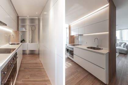 Anafe vitrocerámico, horno y microondas (Smeg). Mesada de Silestone 'Blanco Zeus'. La campana (Spar) se puede extraer. Con leds lineales lograron una iluminación uniforme.